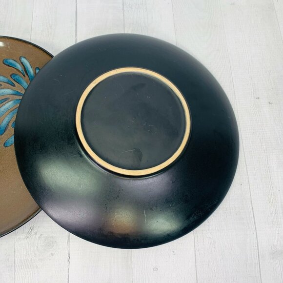 Pier 1 One BLUE MUM Stoneware Off Center Petal On Brown Coupe Dinner Plates of 3 - Picture 5 of 9